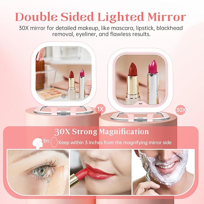FASCINATE Compact Travel Makeup Mirror with Lights and Magnification, 3.5 inch Portable 1X/30X Magnifying Mirror with 3 Color Light, Folding, Handheld (Pink)