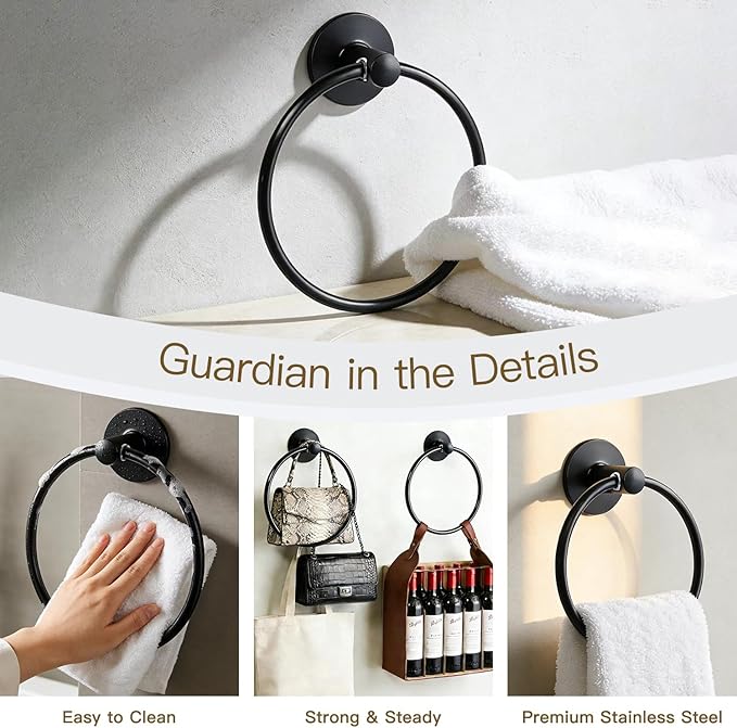 Besteffie Adhesive Towel Ring Self Adhesive Hand Towel Ring Stainless Steel Rustproof Bathroom Towel Holder Wall Mount SUS 304 Stainless Steel Matte Black,Bathroom Hand Towel Holder