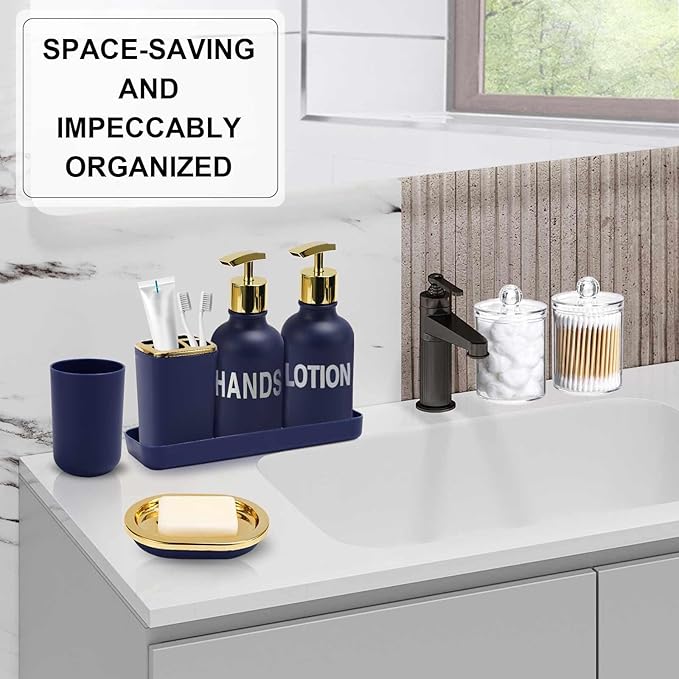 XLHOMO 25PCS Navy Blue Bathroom Accessories Sets Complete, with Shower Curtain, Rugs, Trash Can and Toilet Brush, Soap Dispenser, Toothbrush Holder and Cup, Soap Dish, Qtip Holder, Bathroom Decor Sets