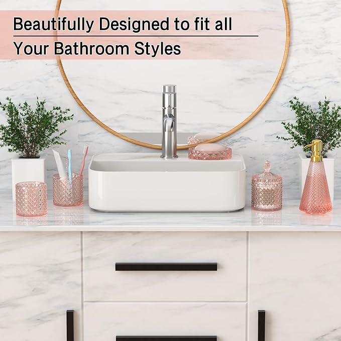 Pink Glass Bathroom Accessories Set 5 Pcs, Pink Bathroom Set, Soap Dispenser and Toothbrush Holder Set, Qtip Holder Set, Vintage Bathroom Sink Set, Cute Bathroom Decor