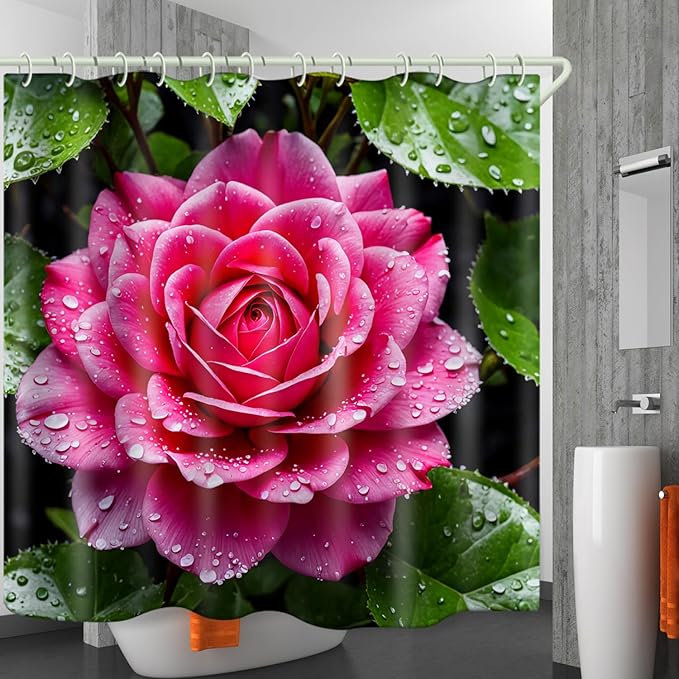 Bright Fabric Shower Curtains, Pink Flower Theme Design Art Shower Curtains, Bathroom Decor Set, 12 Shower Curtain Hooks (72 "Wx72 L) Inch Waterproof Shower Curtain.