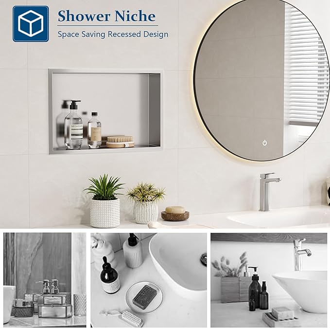 Neodrain Shower Niche, Insert Bathroom Storage Shower Shelf, Stainless Steel Recessed Wall Niche No Tiled Recessed Cabinet Waterproof for Shower Storage(Brushed,18"x12")