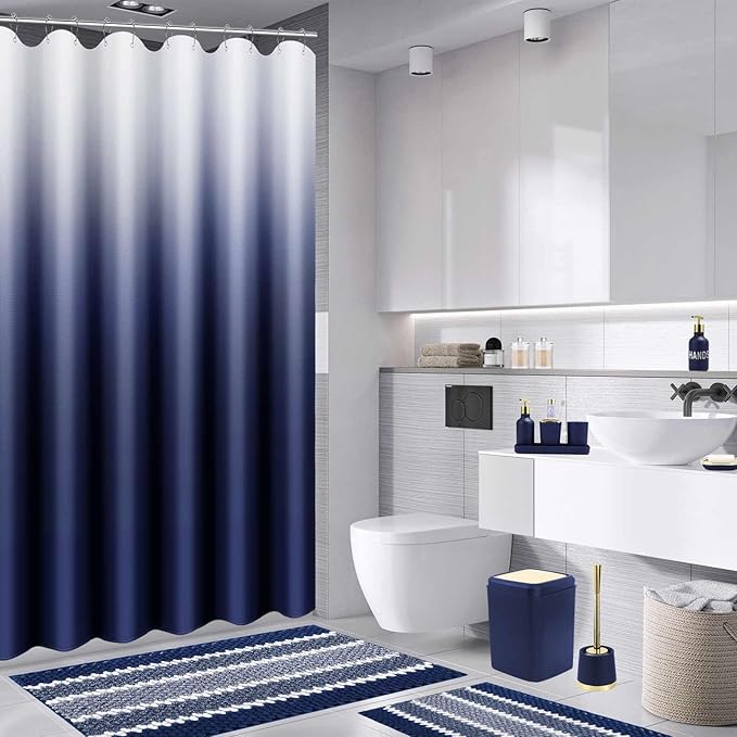 XLHOMO 25PCS Navy Blue Bathroom Accessories Sets Complete, with Shower Curtain, Rugs, Trash Can and Toilet Brush, Soap Dispenser, Toothbrush Holder and Cup, Soap Dish, Qtip Holder, Bathroom Decor Sets