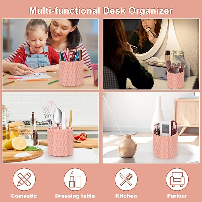 Makeup Brush Holder Organizer-360?? Rotating Makeup Brush Storage,Pencil Pen Holder Cup,Desk Accessories,5 Slot Make up Brushes Cup, for Vanity Desktop Bathroom Countertop (Pink)