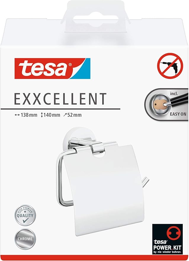 tesa EXXCELENT Toilet Roll Holder with Lid - Wall-Mounted Toilet Paper Holder with Power.Kit Technology in Stainless-Steel Design - Waterproof, incl. Adhesive Solution - 140mm x 138mm x 52mm