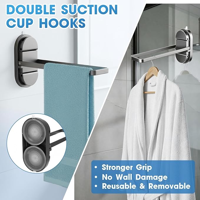 Heavy Duty Double Suction Cup Towel Bar for Bathroom - 20LB No Drill Foldable Stainless Steel Towel Rack Holder Shower Door RV Rental Kitchen Wall Mount