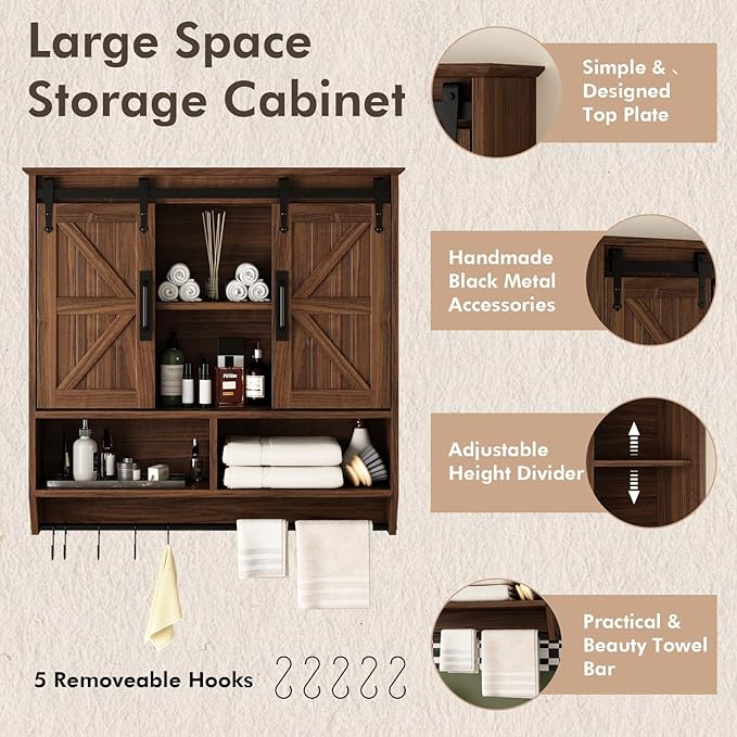 RUSTOWN Farmhouse Bathroom Wall Cabinet,3-Tier Rustic Wood Wall Mounted Cabinets,Vintage Medicine Cabinet with Sliding Barn Door and Adjustable Shelves,Over The Toilet Storage Cabinet (Dark Walnut)