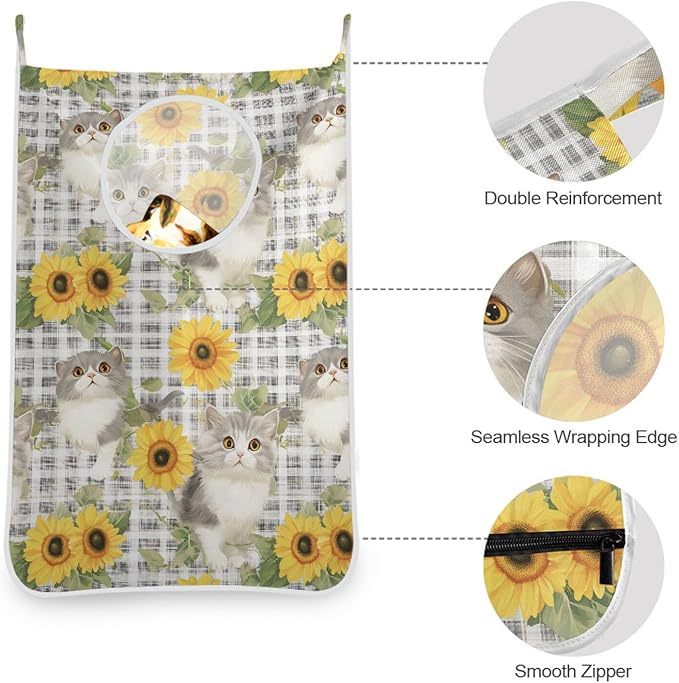 Hanging Laundry Hamper with Stainless Steel Hooks,Oxford Fabric Printing Door Laundry Clothes Bag, 29.5X20inch 1PCS Grey Gingham Scottsih Fold Cat Sunflower