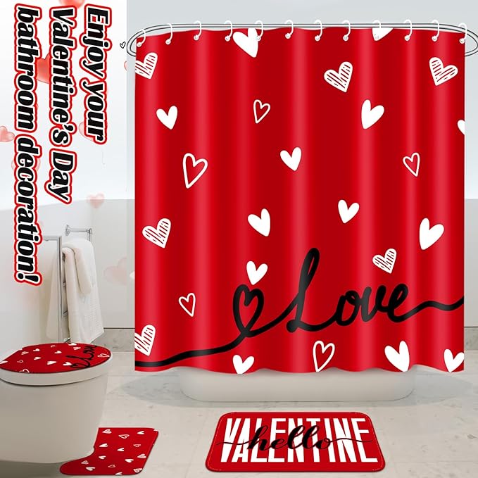 Drydiet 4 Pcs Valentine's Day Shower Curtain Set, Non Slip Rugs Toilet Lid Cover U Shape Bath Mat and 12 Hooks Love Heart Shape Red Bathroom Supplies for Valentines Accessories Decor Set