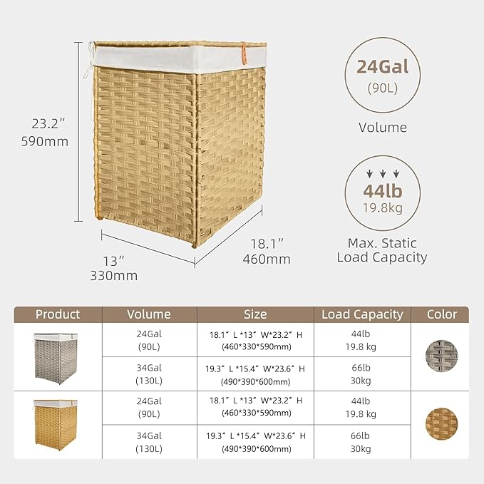 Wicker Laundry Hamper with Lid,90L(24Gal) Foldable Laundry Basket with Removable,Machine Washable 2-Section Liner and Handles,Yellow Rattan Hamper for Organization and Storage