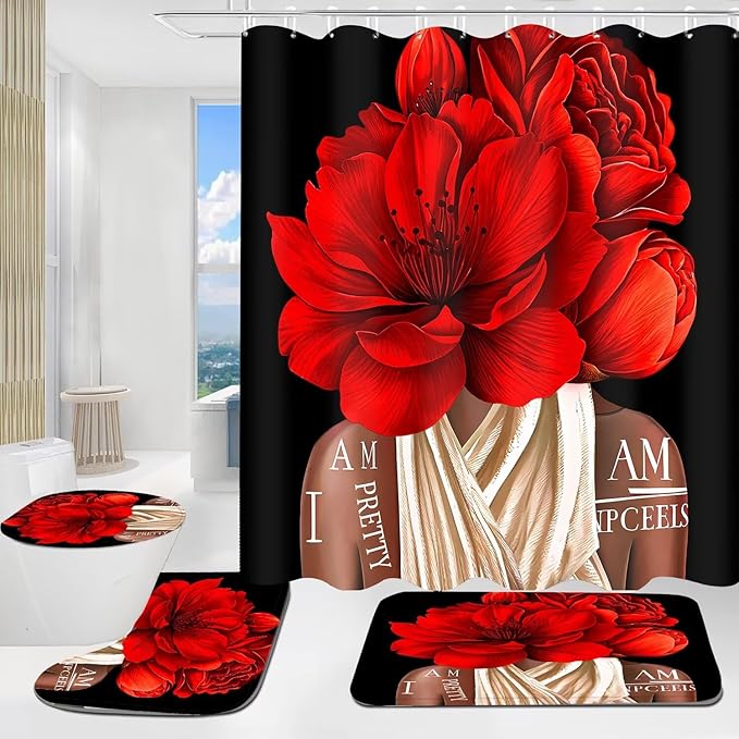 Yddsky 4 Pcs Valentines Red Girl Shower Curtain Sets African American Woman Rose Floral Quotes Non-Slip Rugs Bath Mat Toilet Cover U Shaped Mat Shower Curtain with 12 Hooks Bathroom Set