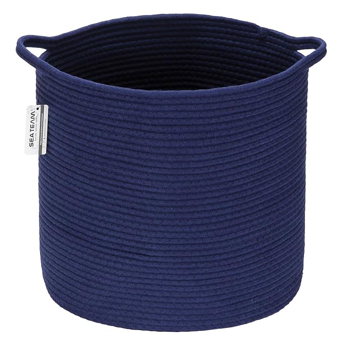 Sea Team Medium Size Cotton Rope Woven Storage Basket with Handles, Laundry Hamper, Trunk Organizer, Clothes Toys Bin for Kid's Room, 14 x 14 inches, Round Open Design, Dark Blue