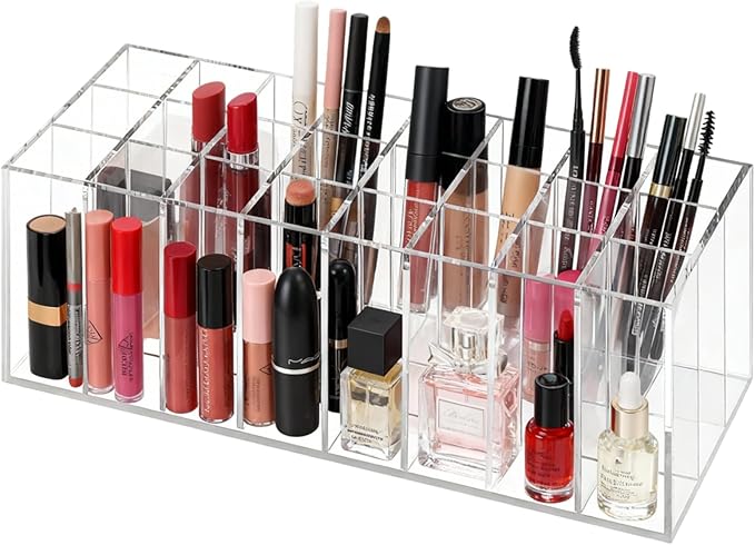 FOMIYES 24-slot Lipstick Holder - Clear Acrylic Makeup Organizer for Countertop, Vanity and Bathroom, Display Rack for Lipsticks Lip Glosses