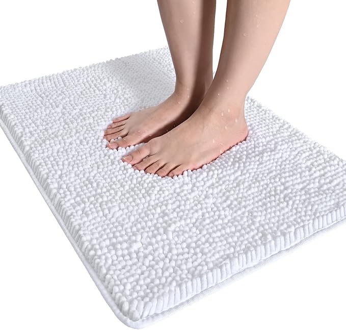 LOCHAS Luxury Bathroom Rug Shaggy Bath Mat 20 x 30 Inch, Washable Non Slip Bath Rugs for Bathroom Shower, Soft Plush Chenille Absorbent Carpets Mats, White