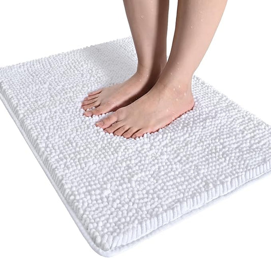 LOCHAS Luxury Bathroom Rug Shaggy Bath Mat 24 x 36 Inch, Washable Non Slip Bath Rugs for Bathroom Shower, Soft Plush Chenille Absorbent Carpets Mats, White