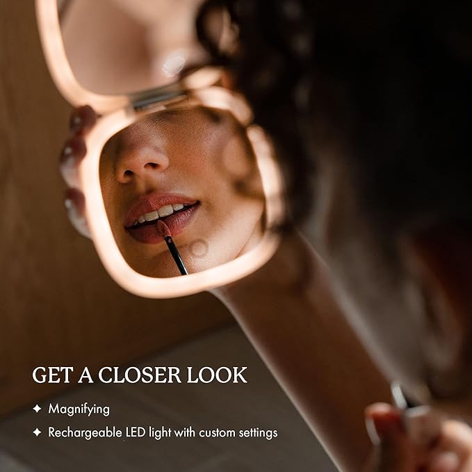 Vanity Planet Pocket Makeup Mirror with Lights & Magnification, Moda - Mini Light-Up Compact & Travel Makeup Mirror - Portable, Adjustable & Rechargeable LED Magnifying Mirror for On-The-Go - Nude