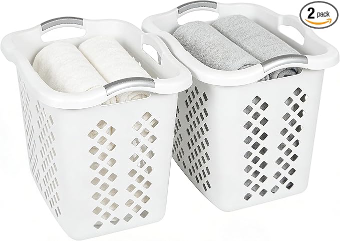 2-Pack 2 Bushel Plastic Laundry Basket with Silver Handles, Space-Saving Dirty Clothes Organizer for Home Apartment Dorm (White)