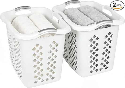 2-Pack 2 Bushel Plastic Laundry Basket with Silver Handles, Space-Saving Dirty Clothes Organizer for Home Apartment Dorm (White)