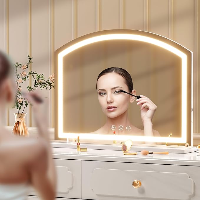 Hasipu Arch Vanity Mirror with Light, 36” x 24" Arched Led Makeup Mirror with 10X Magnification with USB Charging Port, Dimmable 3 Colors Mode