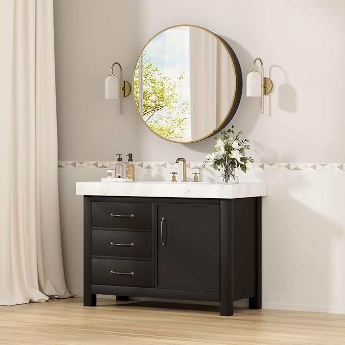 30 x 30 in Round Gold Mirror Medicine Cabinet Surface Mounted, Circular Modern Bathroom Medicine Cabinet with Mirror, Metal Framed Medicine Cabinets with Tempered Glass Mirror