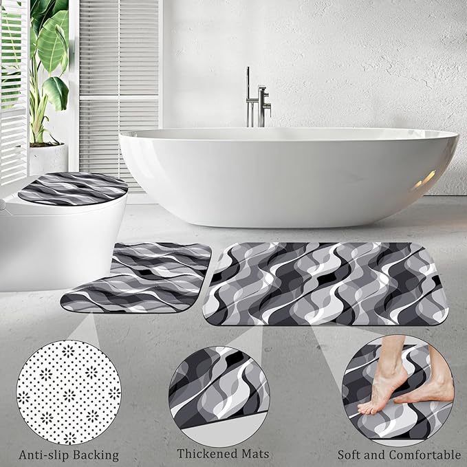 4PCS Grey Abstract Shower Curtain Sets with Rugs, Striped Bathroom Sets with Shower Curtain and Rugs, Modern Bathroom Curtains Shower Set with Toilet Lid Cover for Luxury Bathroom Decor