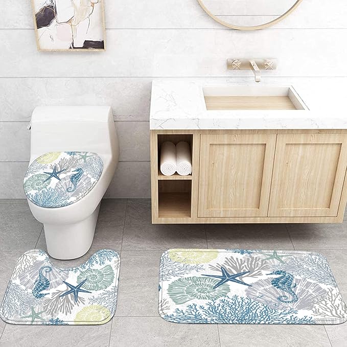 Nkzply 4 Pcs Beach Shower Curtain Set Blue Ocean Bathroom Sets with Shower Curtain and Rugs Seahorse Shower Curtains Set Seashell Starfish Bathroom Decor Accessories Coral Bathroom Rugs Set
