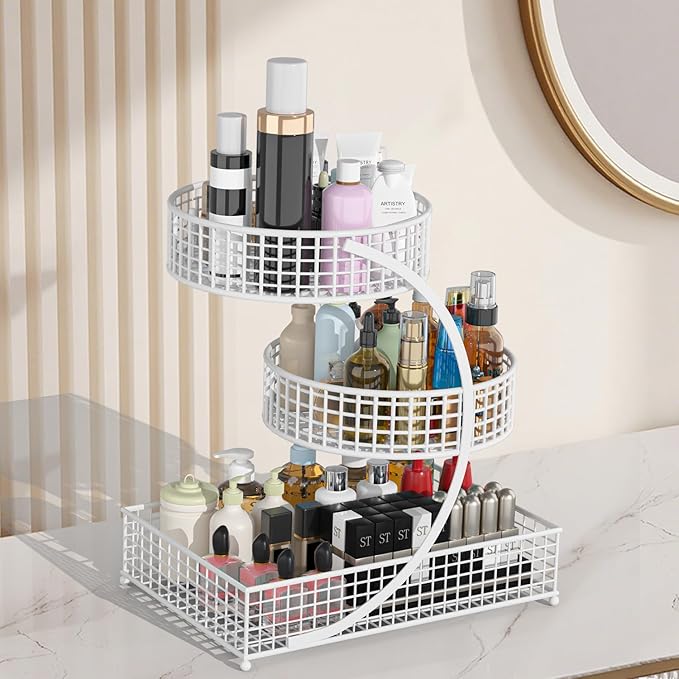 3-Tier Metal Cosmetic Organizer,Cosmetic Storage Rack for Vanity Tables,Multipurpose Metal Bathroom Organizers and Storage, Home and Office use Countertop Organizer (Round-White)