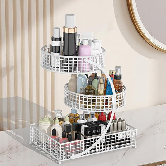 3-Tier Metal Cosmetic Organizer,Cosmetic Storage Rack for Vanity Tables,Multipurpose Metal Bathroom Organizers and Storage, Home and Office use Countertop Organizer (Round-White)
