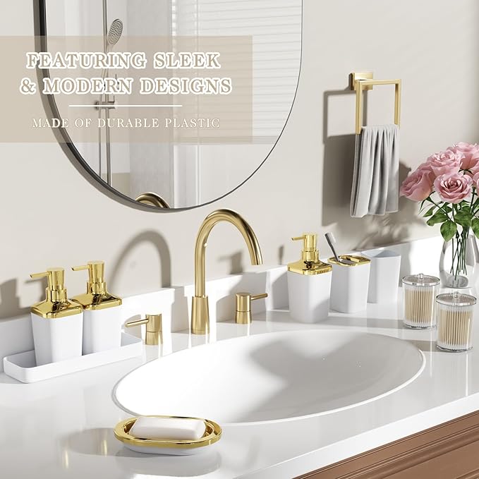 Bathroom Set — Bathroom Accessories Set, 11PC Bathroom Accessory Set, White Bathroom Set with Push-lid Trash Can, 3PC Soap Dispensers, Toilet Brush & Qtip Holders