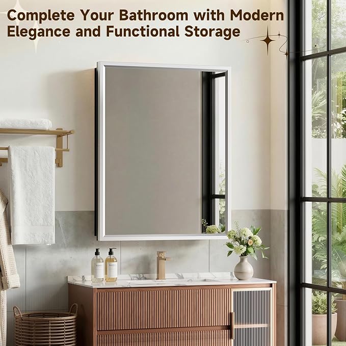 20“ x 28” Silver Medicine Cabinets for Bathroom with Mirror, Aluminum Alloy Framed Mirror＆Tempered Glass Design, Recessed or Surface Wall-Mounted Metal Bathroom Vanity Mirror with Storage Cabinet