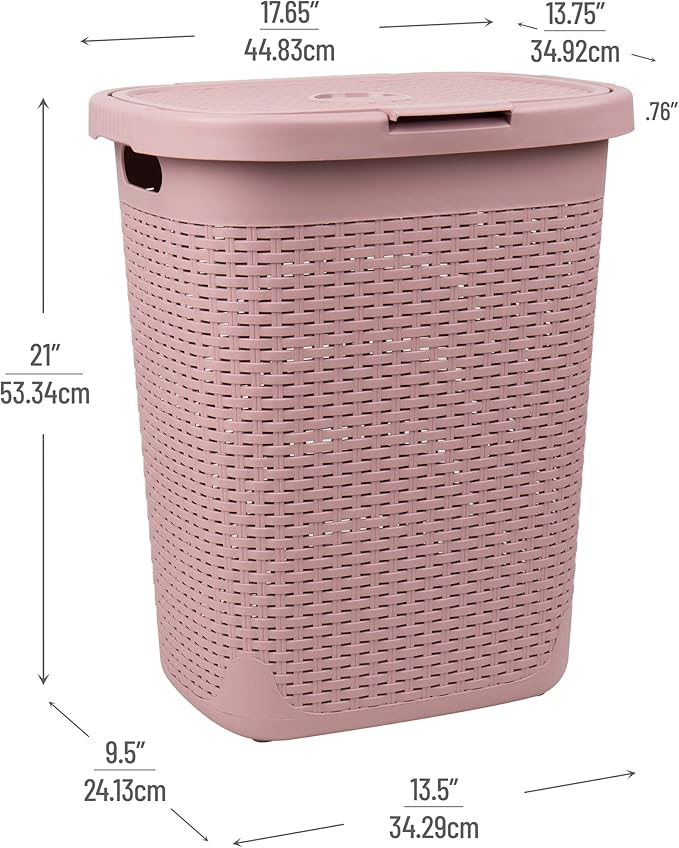 Mind Reader 50L Slim Laundry Hamper, Clothes Basket, Lid, Wicker Design, Plastic, 17.65"L x 13.75"W x 21"H, Set of 2, Pink