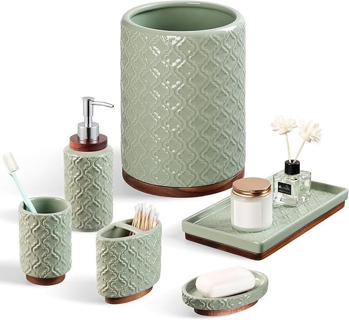 RQYIXI Elegant 6 PCS Ceramic&Wood Bathroom Accessories Set:Soap Dispenser,Toothbrush Holder,Tumbler,Soap Dish,Tray,Trash Can,Easy to Clean,Quatrefoil Pattern,Green-Affordable Home Luxury