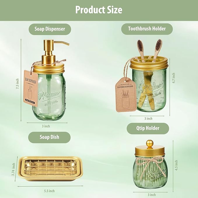 SheeChung Green Bathroom Accessories Set, 6Pcs Mason Jar Glass Bathroom Set, Lotion Soap Dispenser, Toothbrush Holder, Qtip Holder, Soap Dish, Metal Wire Basket, Rustic Farmhouse Bathroom Decor-Gold