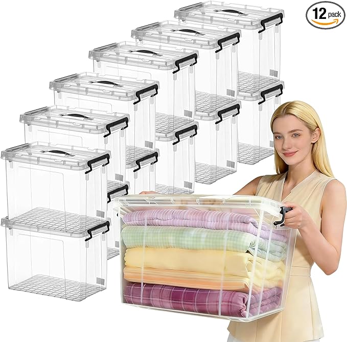 12 Pack 90 Qt Clear Large Storage Bins with Lids, Stackable Plastic Organizer for Home, Office, Garage, BPA-Free, Heavy-Duty, See-Through Containers with Secure Latches & Handles