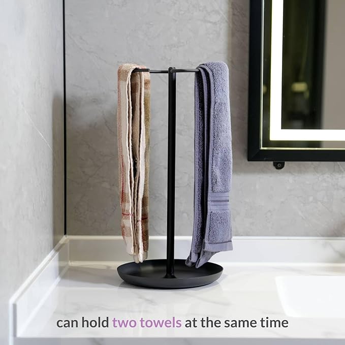 simpletome Towel Holder Stand Countertop with Storage Tray Non-Slip Weighted Base for Bathroom (Matte Black)