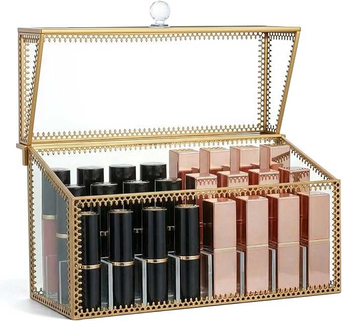 Lipstick Organizer Holder 24 Spaces, Tempered Glass Lip Gloss and Perfume Organizer, Vanity Lipstick Holder with Removable Dividers, Gold