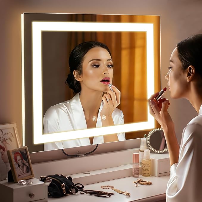 FENCHILIN Vanity Mirror with Lights, 22" x 19" Backlit + Front Lit Hollywood Makeup Vanity Mirror LED Strip with 3 Colors Modes Smart Touch for Dressing Room & Bedroom White