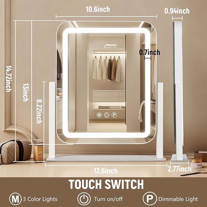 Ratsamee Vanity Mirror with Lights 15"×13", Led Makeup Mirror, Lighted Makeup Mirror with 3 Color Dimmable Lights, Smart Touch Screen Control, 360°Rotation