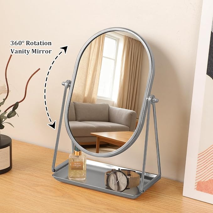 Small Vanity Makeup Mirror for Desk with Metal Stand Tabletop Makeup Oval Mirrors 360 Degree Swivel Portable Cosmetic Mirror for Travel Bedroom, Office, Dresser, Countertop