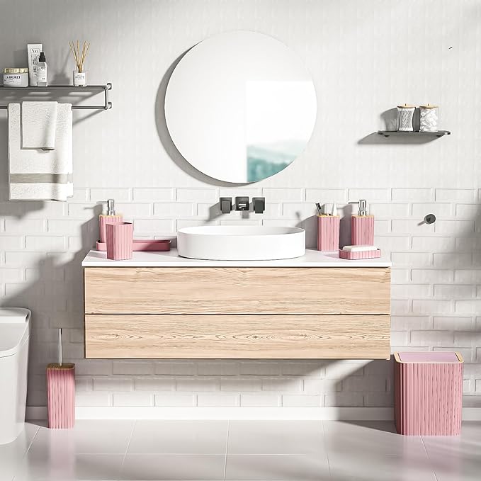 XLHOMO Bathroom Accessories Set - Elegant Pink Bathroom Set, 10PC Bathroom Accessory Set, Toilet Brush, Bathroom Trash Can