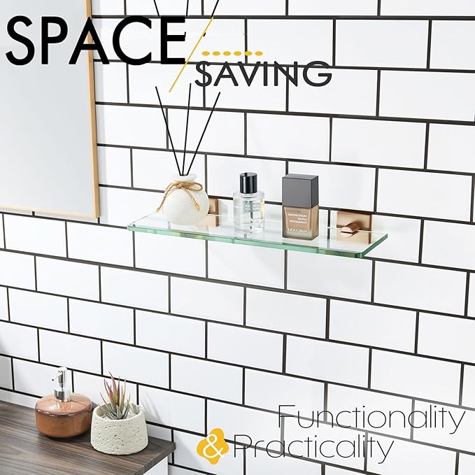 KOKOSIRI Glass Shelf for Bathroom Hardware 16-Inch Floating Wall Shelves for Shower Storage Kitchen Rack, Champagne Bronze Stainless Steel B1107CPG-L16