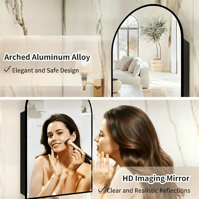 FKWin 20 x 32 Inch Black Arched Bathroom Medicine Cabinet with Mirror, Wall Mounted Surface Mount Bathroom Storage Cabinet,Adjustable Tempered Glass Shelves,Vanity Mirror with Storage