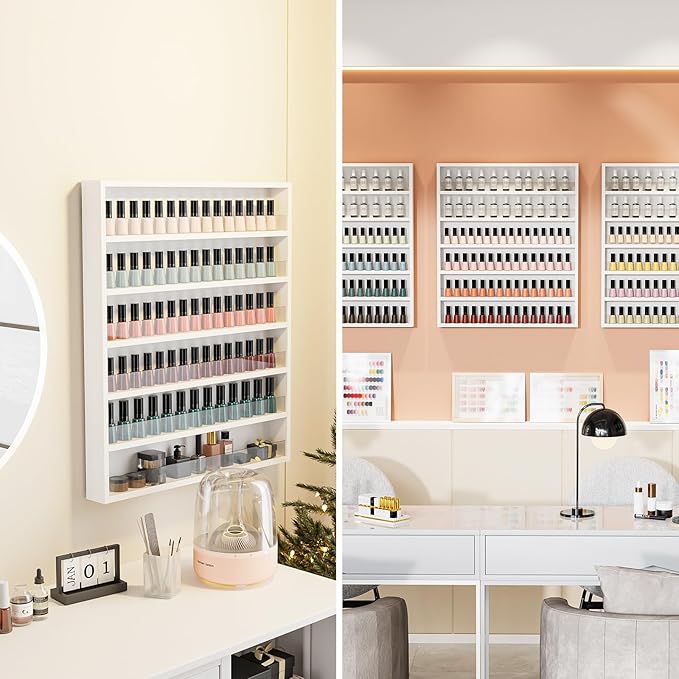 OmySalon Nail Polish Organizer Wall Mount - Holds 120+ Bottles with Acrylic Barrier, Salon Display Rack for Home Spa & Nail Studio - Assembly Required, Wooden Polish Storage (White, 6-Tier)