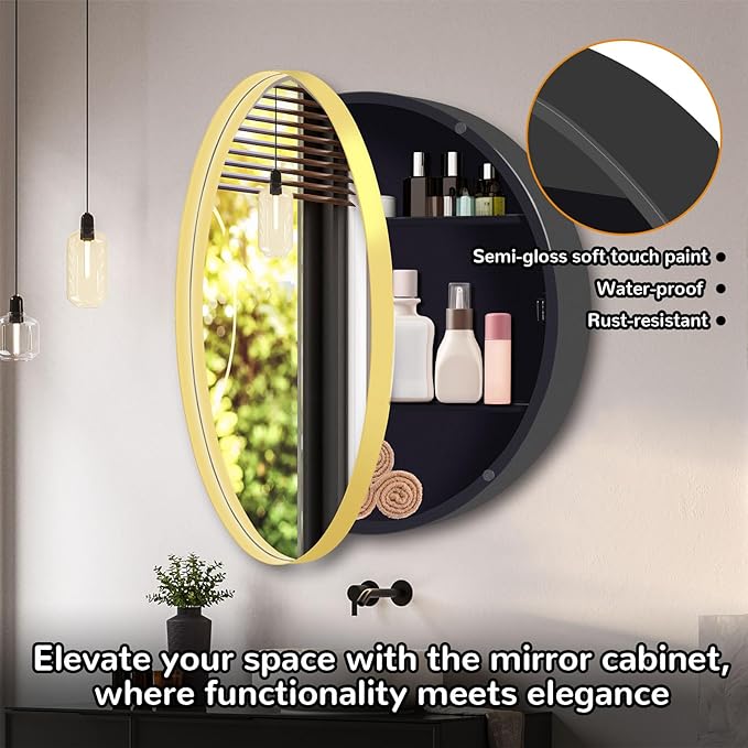 20 Inch Round Medicine Cabinet with Mirror, Gold Bathroom Medicine Cabinet for Wall Metal Framed, Surface Mount Only Circular Storage Cabinet with Vanity Mirror