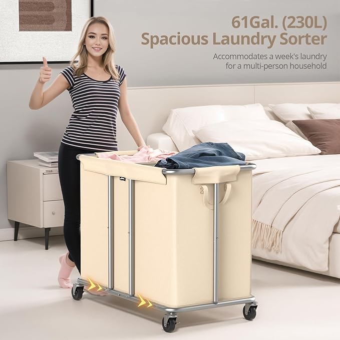 Hodonas 230L Rolling Laundry Hamper, 2-Section Laundry Basket with Wheels, 61 Gallons Laundry Sorter with Metal Structure and Removable Liner, Clothes Hamper for Laundry Room, Bathroom, Bedroom, Beige