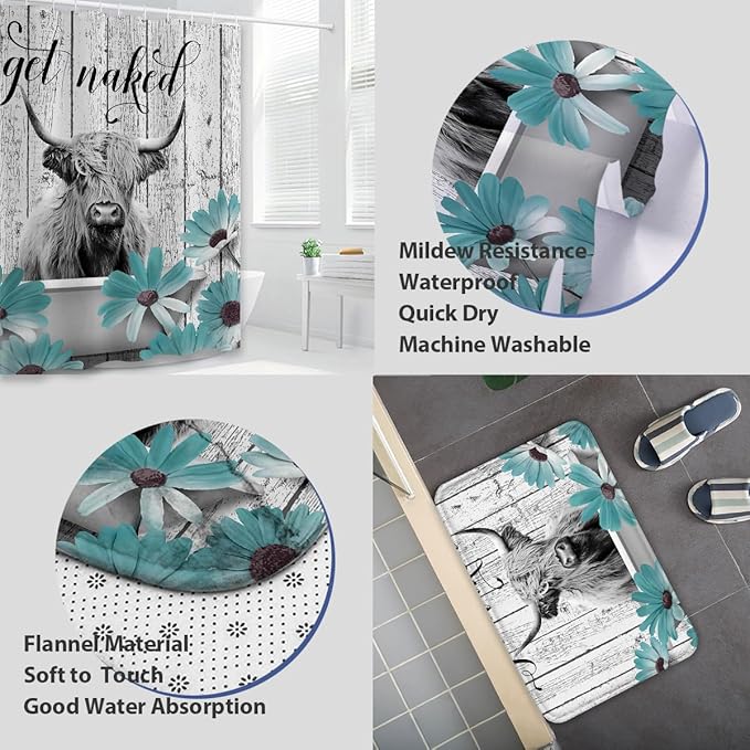 4 Pcs Farmhouse Cow Shower Curtain Sets with Rugs Wooden Bathroom Set Rustic Teal Flowers Home Bath Bathtub Decor for Bathroom 72 x 72 Inch
