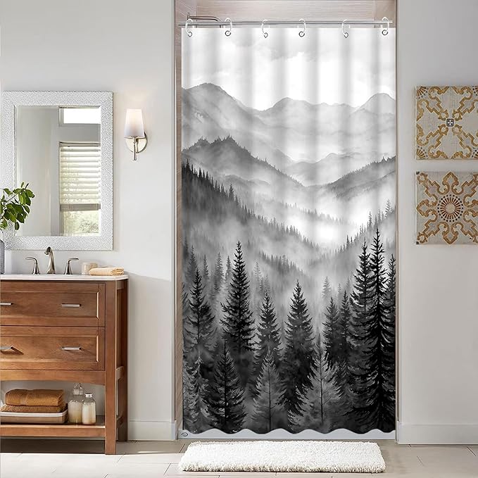 Forest Mountain Shower Curtain Black and White Nature Misty Pine Tree Shower Curtains for Bathroom Dark Grey Foggy Rustic Woodland Decorative Waterproof Fabric Bath Curtain Decor 36×72 Inches