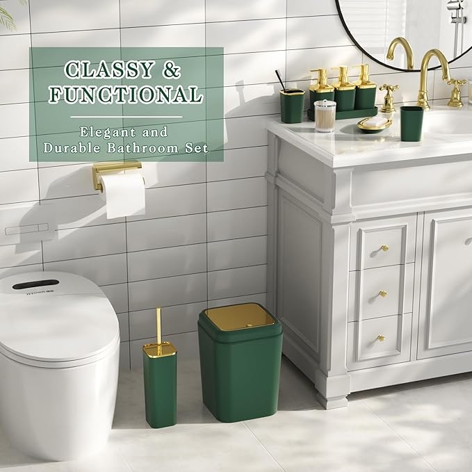 Bathroom Set — Green Bathroom Accessories Set, 11PC Bathroom Accessory Set, Green Bathroom Set with Push-lid Trash Can, 3PC Soap Dispensers, Toilet Brush & Qtip Holders