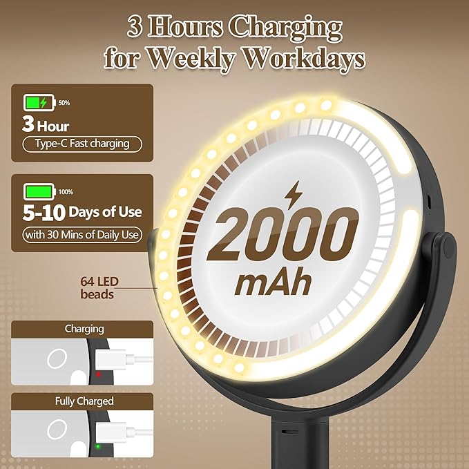 MOMOKUBA Makeup Mirror with Lights, Double Sided 1x/30x Magnifying Mirror with Light, Rechargeable 3 Color Lights and Adjustable Brightness, 360° Rotation Detachable Comes with Tweezer(Dark-30X)