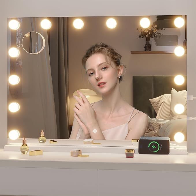 Hasipu Hollywood Vanity Mirror with Lights and Bluetooth Speaker, 47" x 35" Makeup Mirror with 24 Dimmable LED Bulbs 3 Color Modes, 5X Magnifying Glass, Touch Control, USB and Type-C, Tempered Glass